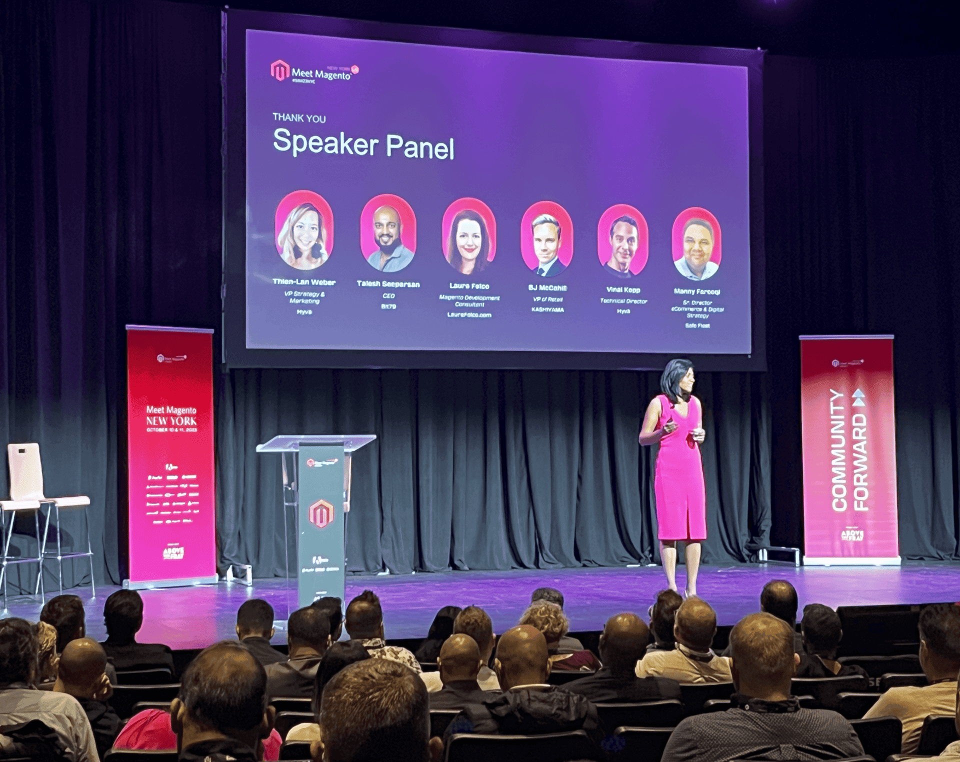 The host introduces speakers at meet magento nyc 2023